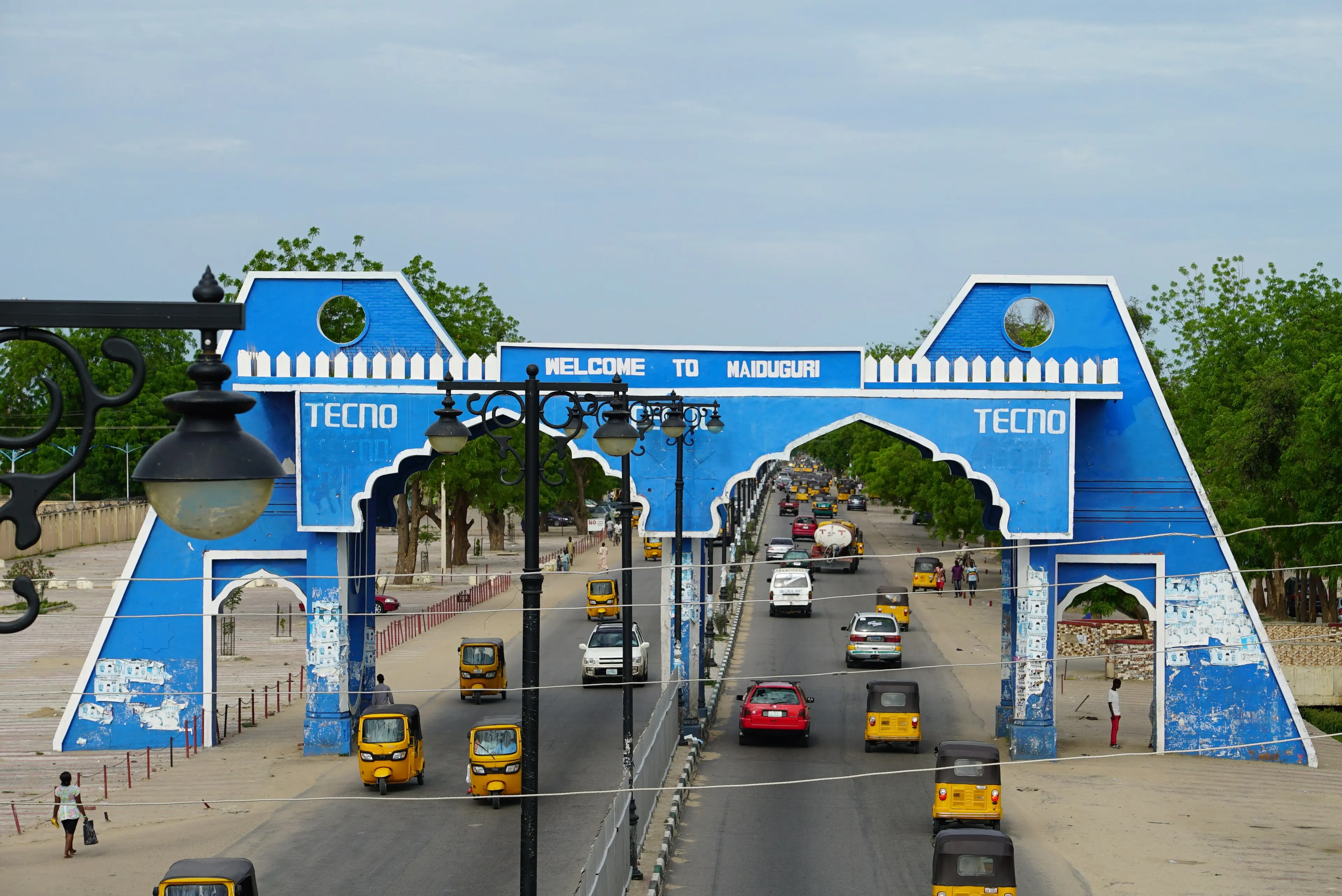 A security checkpoint gate on the approach to Maiduguri, Borno State